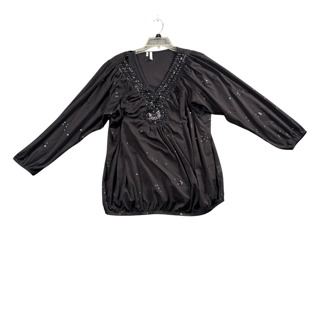 Black Beaded Peasant Blouse L Whimsigoth Shimmer Boho Cottagecore Balloon Sleeve